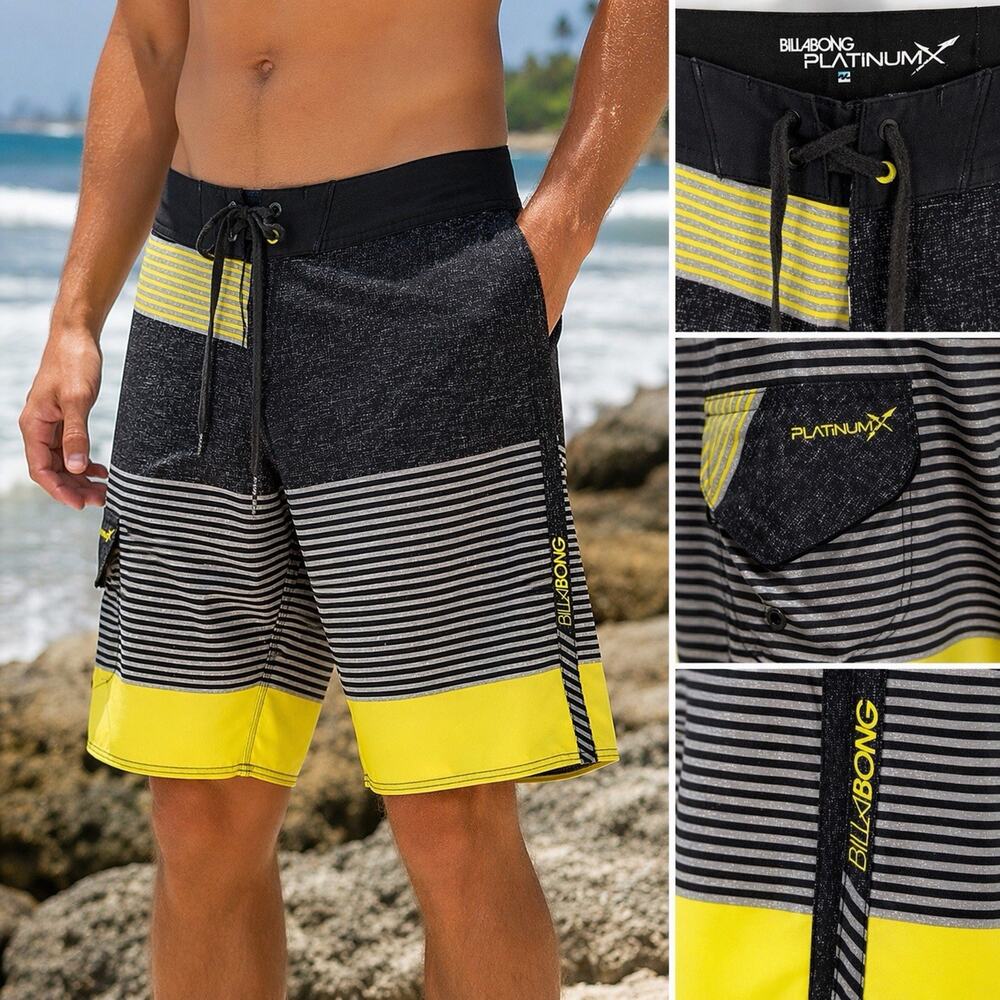 Billabong Men's 32 Platinum All Day Boardshorts Cargo Black Gray Striped EUC